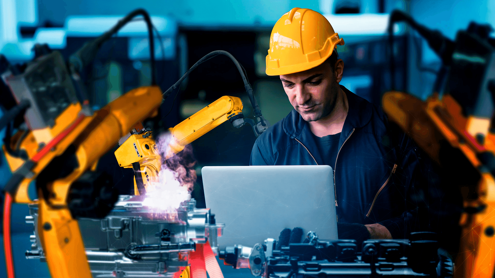 Mann in Produktionssteuerung mit Robotertechnologie